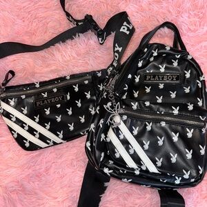PLAYBOY Black and White Bunny Print Belt Bag with Mini Backpack